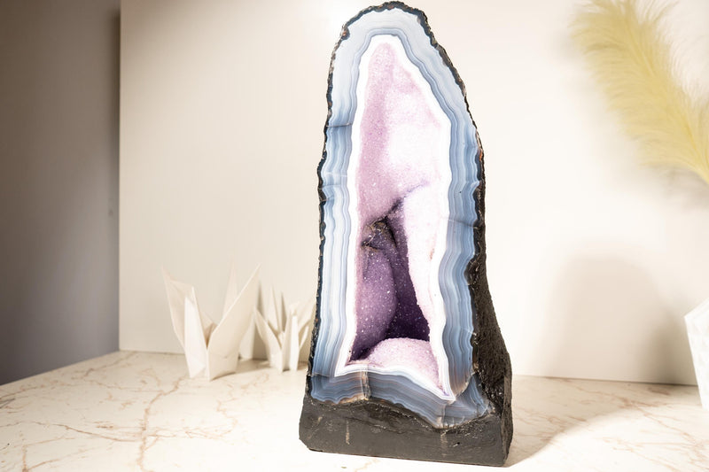 Rare Lace Agate Cathedral Geode – 43 lb, 19 in Tall with Striped White & Blue Agate and Pastel Pink Galaxy Druzy - Agate Amethyst Geode - E2D Crystals & Minerals