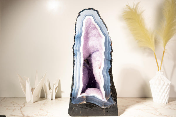 Rare Lace Agate Cathedral Geode – 43 lb, 19 in Tall with Striped White & Blue Agate and Pastel Pink Galaxy Druzy - Agate Amethyst Geode - E2D Crystals & Minerals