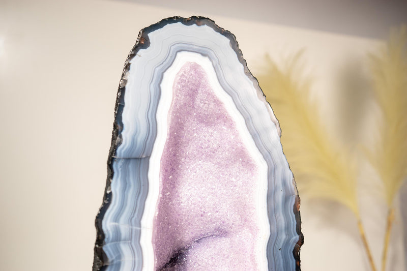 Rare Lace Agate Cathedral Geode – 43 lb, 19 in Tall with Striped White & Blue Agate and Pastel Pink Galaxy Druzy - Agate Amethyst Geode - E2D Crystals & Minerals