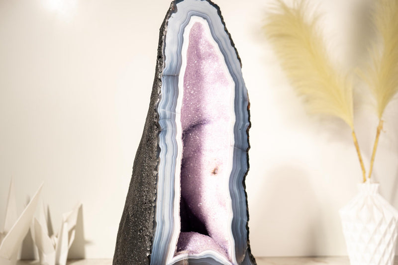 Rare Lace Agate Cathedral Geode – 43 lb, 19 in Tall with Striped White & Blue Agate and Pastel Pink Galaxy Druzy - Agate Amethyst Geode - E2D Crystals & Minerals