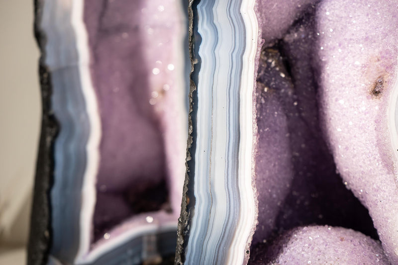 Rare Lace Agate Cathedral Geode Pair – 86 lb, 20 in Tall, Featuring Striped White & Blue Agate and Pastel Pink Galaxy Druzy - E2D Crystals & Minerals