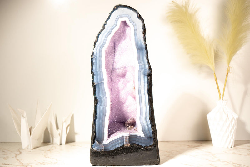 Rare Lace Agate Cathedral Geode Pair – 86 lb, 20 in Tall, Featuring Striped White & Blue Agate and Pastel Pink Galaxy Druzy - E2D Crystals & Minerals