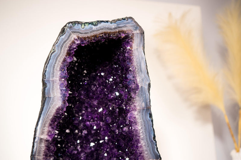 Rare Amethyst Geode Cathedral with Violet Purple Amethyst Druzy with a Sky - Blue Lace Agate Frame, Large Size - 25 Kg - 55 lb - E2D Crystals & Minerals