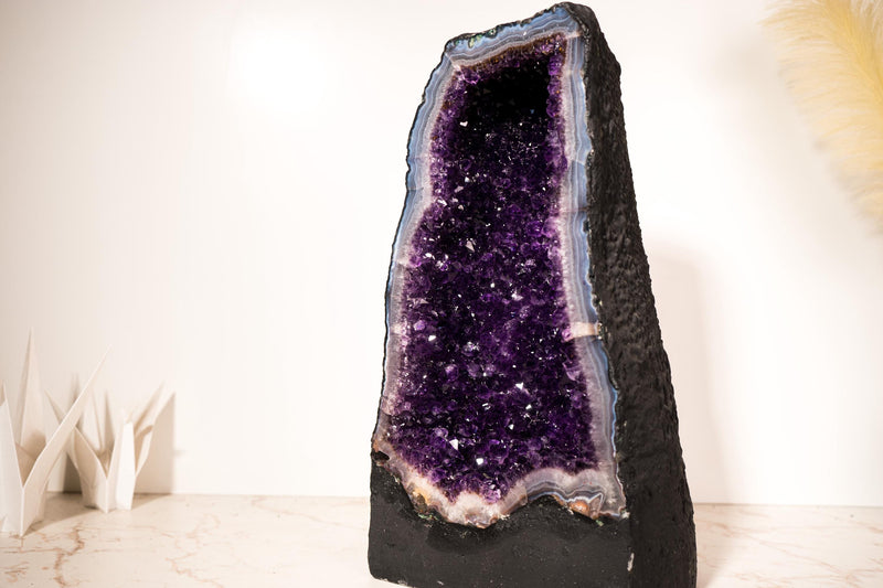 Rare Amethyst Geode Cathedral with Violet Purple Amethyst Druzy with a Sky - Blue Lace Agate Frame, Large Size - 25 Kg - 55 lb - E2D Crystals & Minerals