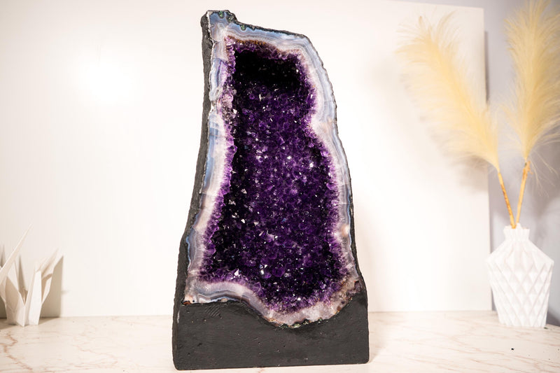 Rare Large Amethyst Geode Cathedral – Violet Purple Druzy with Sky - Blue Lace Agate Frame - 25 Kg - 55 lb - E2D Crystals & Minerals