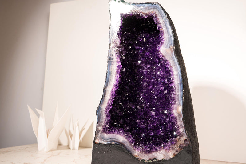 Rare Large Amethyst Geode Cathedral – Violet Purple Druzy with Sky - Blue Lace Agate Frame - 25 Kg - 55 lb - E2D Crystals & Minerals