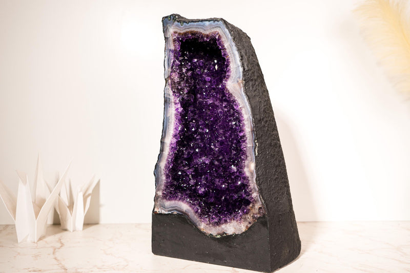 Rare Large Amethyst Geode Cathedral – Violet Purple Druzy with Sky - Blue Lace Agate Frame - 25 Kg - 55 lb - E2D Crystals & Minerals