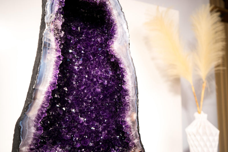 Rare Large Amethyst Geode Cathedral – Violet Purple Druzy with Sky - Blue Lace Agate Frame - 25 Kg - 55 lb - E2D Crystals & Minerals