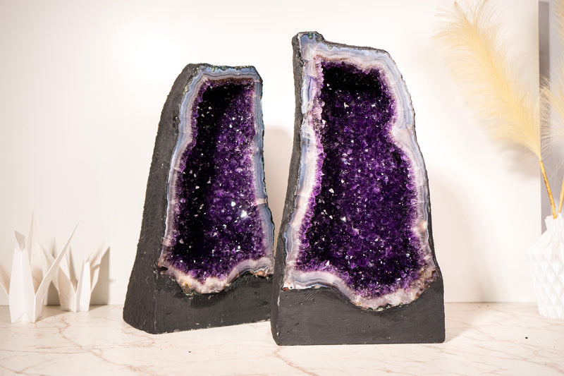 Book - Matching Pair of Rare Large Amethyst Geode Cathedrals – Violet Purple Druzy with Sky - Blue Lace Agate Frame - 50 Kg - 111 lb - E2D Crystals & Minerals