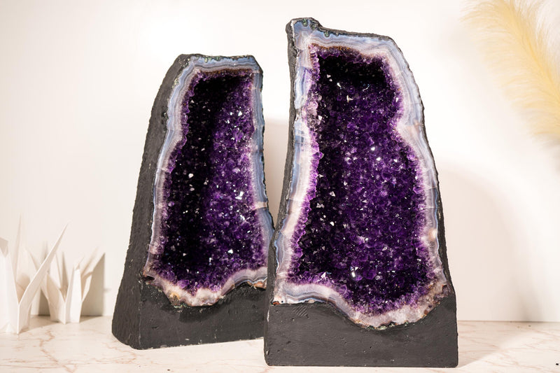 Book - Matching Pair of Rare Large Amethyst Geode Cathedrals – Violet Purple Druzy with Sky - Blue Lace Agate Frame - 50 Kg - 111 lb - E2D Crystals & Minerals