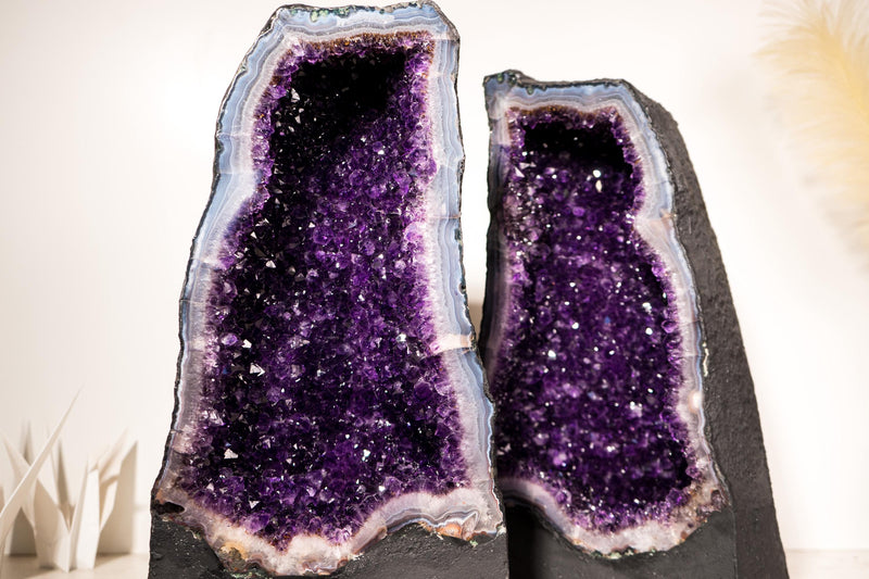 Book - Matching Pair of Rare Large Amethyst Geode Cathedrals – Violet Purple Druzy with Sky - Blue Lace Agate Frame - 50 Kg - 111 lb - E2D Crystals & Minerals