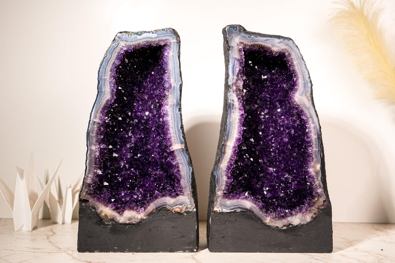 Book - Matching Pair of Rare Large Amethyst Geode Cathedrals – Violet Purple Druzy with Sky - Blue Lace Agate Frame - 50 Kg - 111 lb - E2D Crystals & Minerals