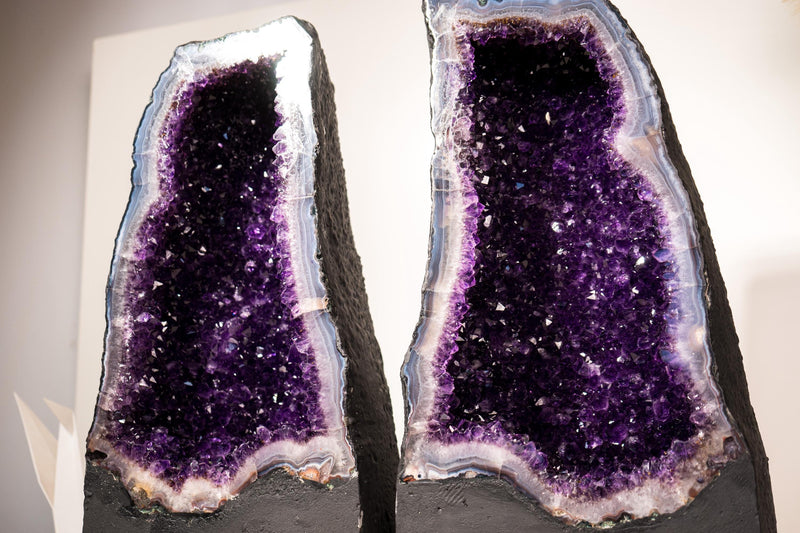 Book - Matching Pair of Rare Large Amethyst Geode Cathedrals – Violet Purple Druzy with Sky - Blue Lace Agate Frame - 50 Kg - 111 lb - E2D Crystals & Minerals