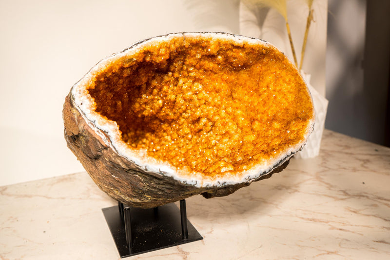 Spectacular All - Natural Citrine Geode Cave with Rare Galaxy Druzy and Vibrant Golden Orange - 11.6 Kg - 25.5 lb - E2D Crystals & Minerals