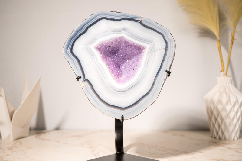 Rare Lace Agate Geode on Stand – Featuring White & Blue Bands and a Violet Purple Interior, a Natural Crystal Art, 5.7 Kg - 12.5 lb - E2D Crystals & Minerals