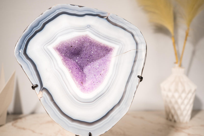 Rare Lace Agate Geode on Stand – Featuring White & Blue Bands and a Violet Purple Interior, a Natural Crystal Art, 5.7 Kg - 12.5 lb - E2D Crystals & Minerals