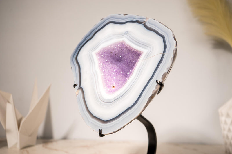 Rare Lace Agate Geode on Stand – Featuring White & Blue Bands and a Violet Purple Interior, a Natural Crystal Art, 5.7 Kg - 12.5 lb - E2D Crystals & Minerals