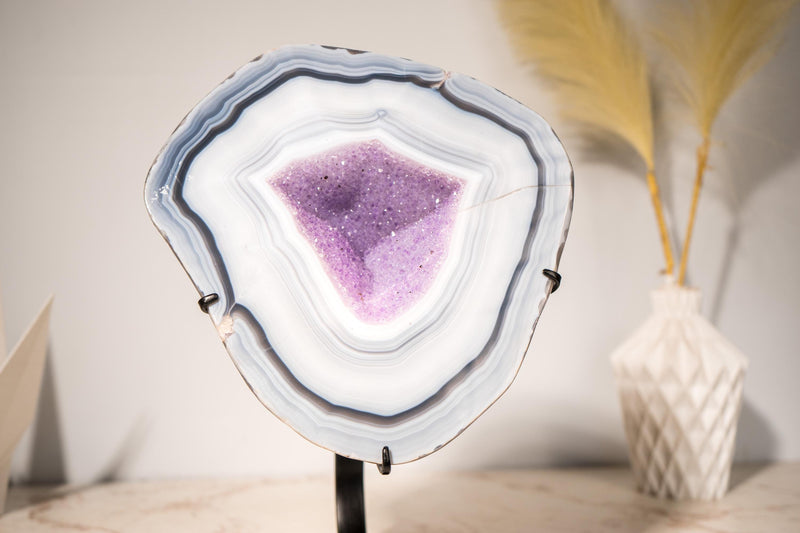 Rare Lace Agate Geode on Stand – Featuring White & Blue Bands and a Violet Purple Interior, a Natural Crystal Art, 5.7 Kg - 12.5 lb - E2D Crystals & Minerals