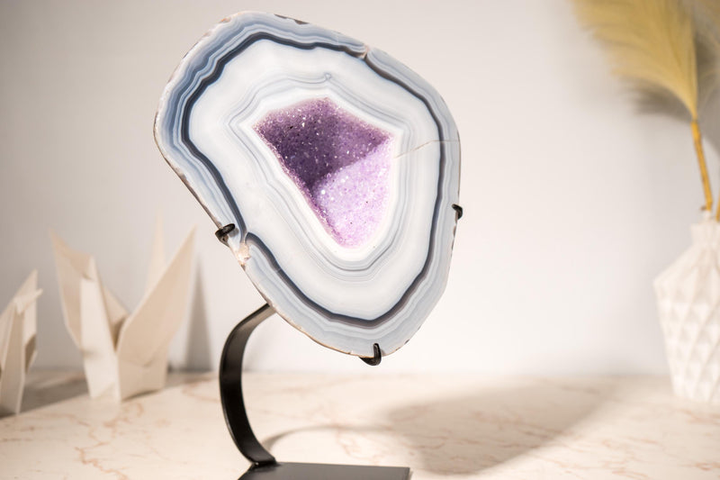 Rare Lace Agate Geode on Stand – Featuring White & Blue Bands and a Violet Purple Interior, a Natural Crystal Art, 5.7 Kg - 12.5 lb - E2D Crystals & Minerals