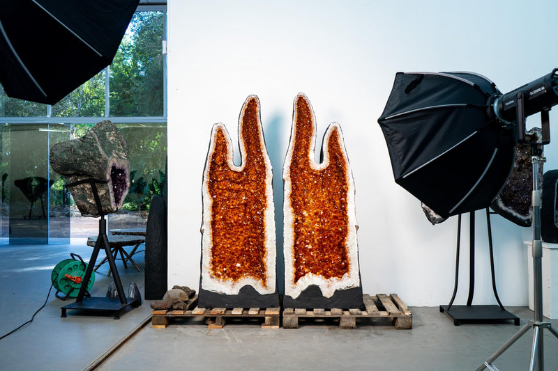 Pair of X - Large Citrine Geodes with Golden Orange Points and Double - Headed Flame Format - E2D Crystals & Minerals