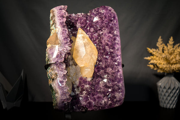 Scalenohedral Gemmy Golden Calcite on Purple Amethyst – 8 - Inch Large - E2D Crystals & Minerals