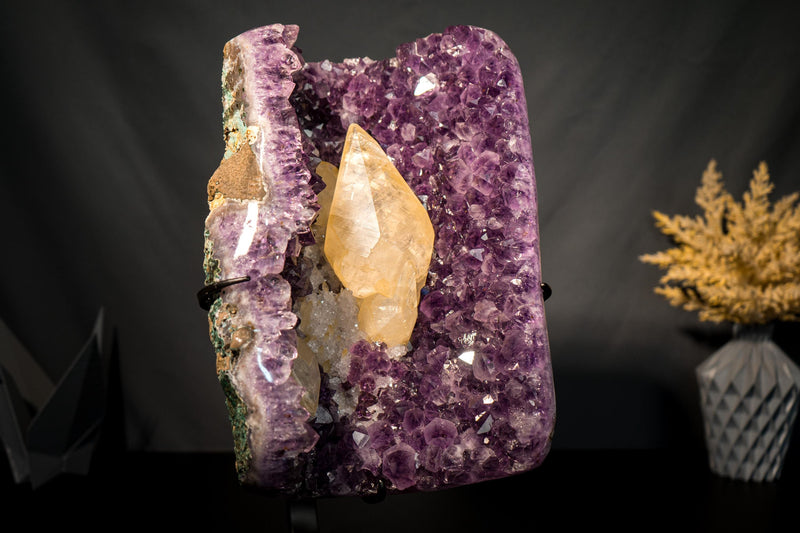 Scalenohedral Gemmy Golden Calcite on Purple Amethyst – 8 - Inch Large - E2D Crystals & Minerals