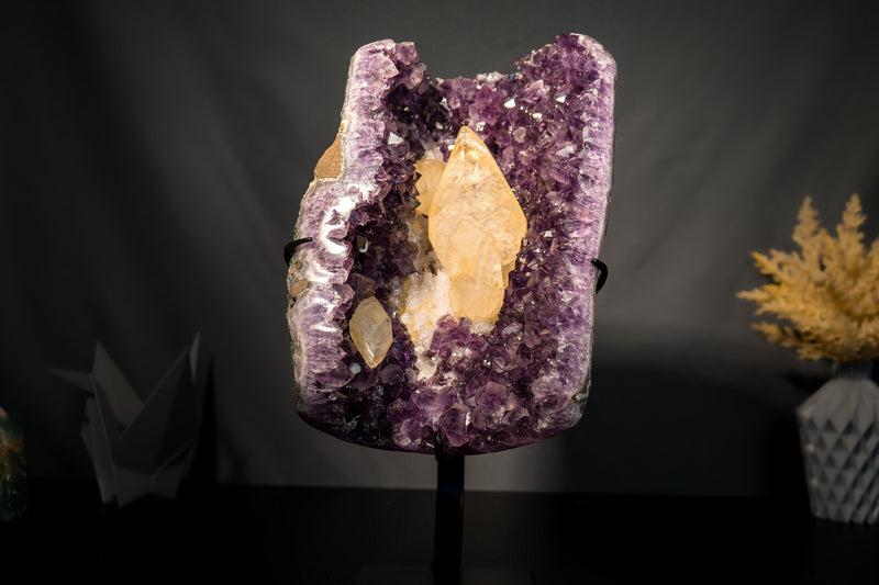 Scalenohedral Gemmy Golden Calcite on Purple Amethyst – 8 - Inch Large - E2D Crystals & Minerals