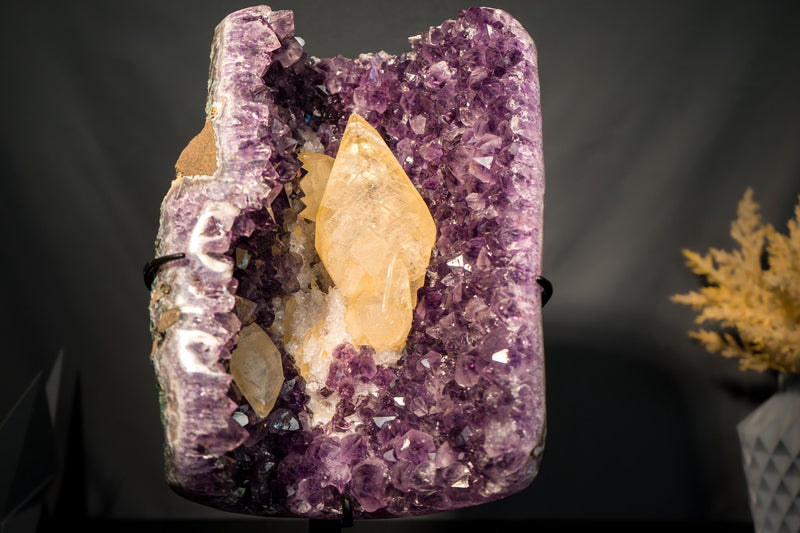 Scalenohedral Gemmy Golden Calcite on Purple Amethyst – 8 - Inch Large - E2D Crystals & Minerals