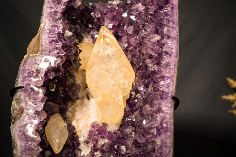 Scalenohedral Gemmy Golden Calcite on Purple Amethyst – 8 - Inch Large - E2D Crystals & Minerals