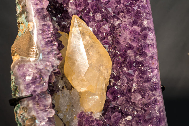 Scalenohedral Gemmy Golden Calcite on Purple Amethyst – 8 - Inch Large - E2D Crystals & Minerals