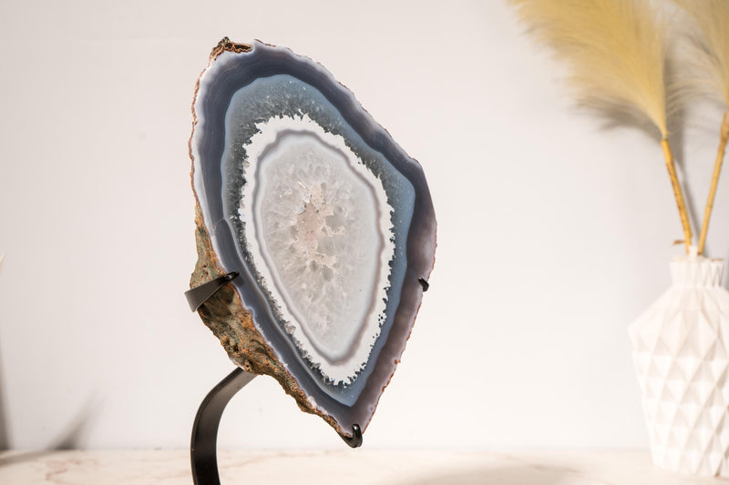 Rare Blue Lace Agate with Clear Quartz Geode Slice – All - Natural, Collection - Grade Agate Specimen from Brazil - E2D Crystals & Minerals