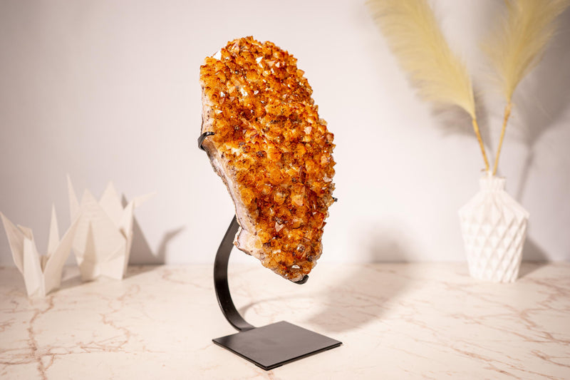 AAA - Grade Citrine Cluster with Intense Orange Druzy and Blossoming Flower Formation, Set on a Custom - Made Stand - 4.4 Kg - 9.7 lb - E2D Crystals & Minerals