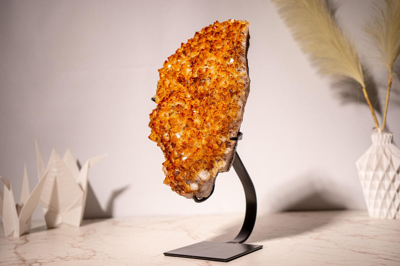 AAA - Grade Citrine Cluster with Intense Orange Druzy and Blossoming Flower Formation, Set on a Custom - Made Stand - 4.4 Kg - 9.7 lb - E2D Crystals & Minerals