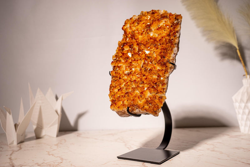 AAA - Grade Citrine Cluster with Sparkly Intense Orange Druzy and Aesthetical Formation, Set on a Custom - Made Stand - 13.8 In - 9.2 Lb - E2D Crystals & Minerals