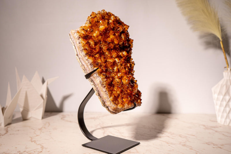 AAA - Grade Citrine Cluster with Sparkly Intense Orange Druzy and Aesthetical Formation, Set on a Custom - Made Stand - 13.8 In - 9.2 Lb - E2D Crystals & Minerals