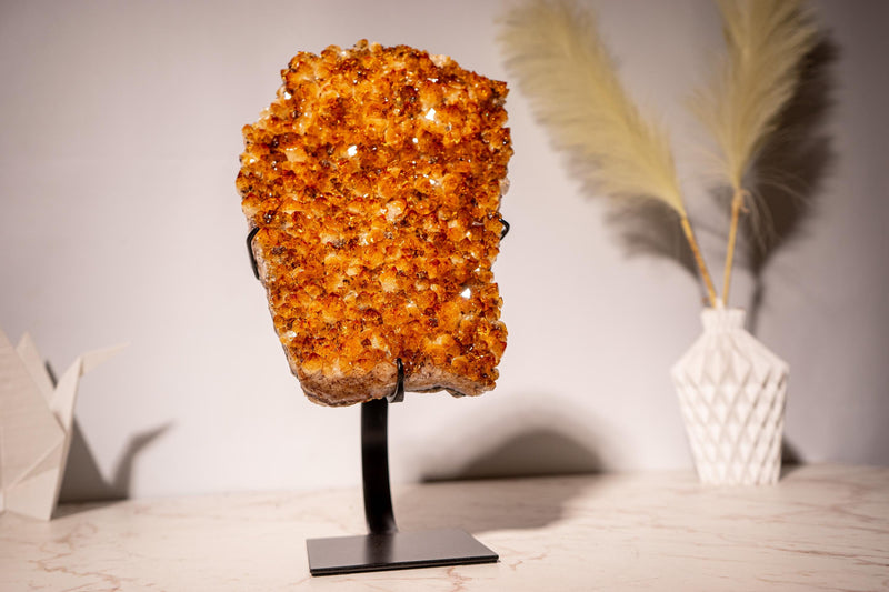 AAA - Grade Citrine Cluster with Sparkly Intense Orange Druzy and Aesthetical Formation, Set on a Custom - Made Stand - 13.8 In - 9.2 Lb - E2D Crystals & Minerals