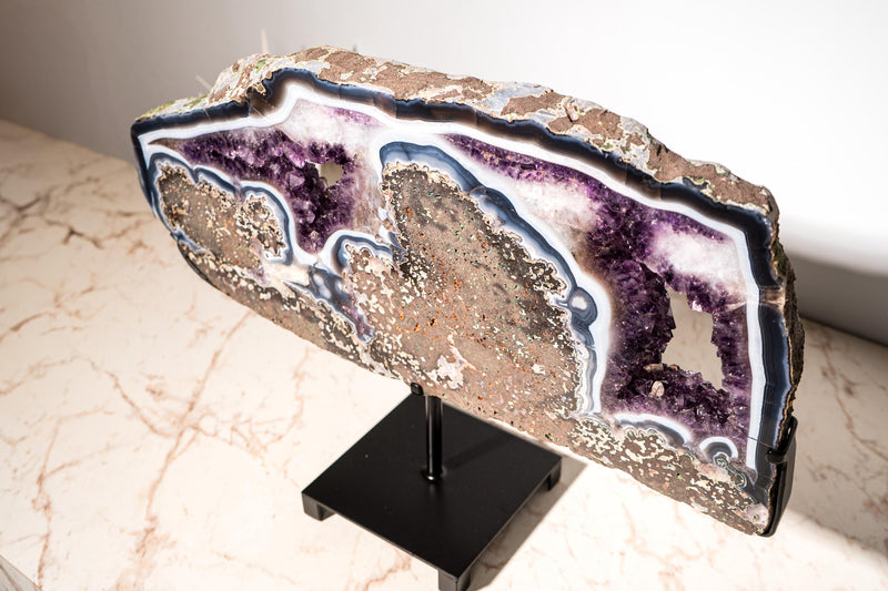 Rare Natural Agate and Purple Amethyst Geode Slice Slab - E2D Crystals & Minerals