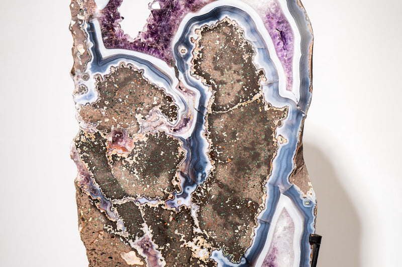 Blue & White Agate with Purple Amethyst Geode in Basalt Slice - E2D Crystals & Minerals