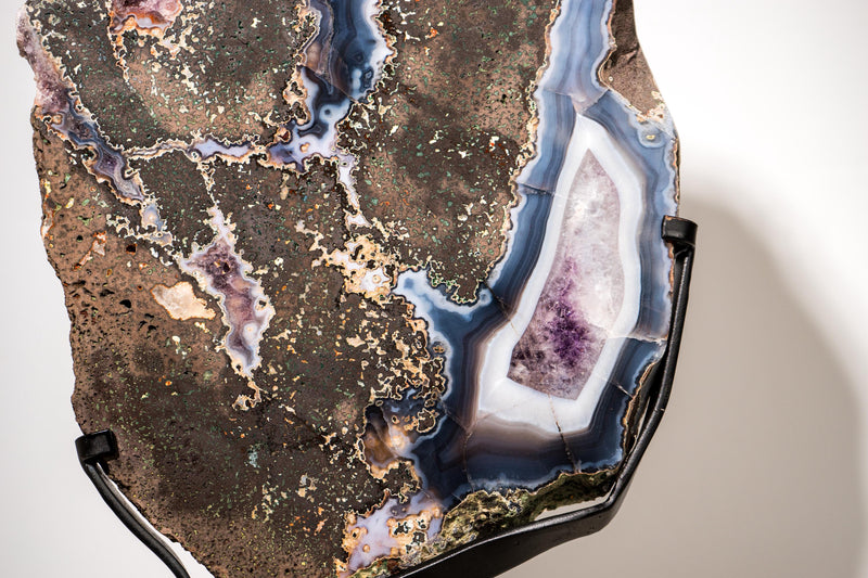 Blue & White Agate with Purple Amethyst Geode in Basalt Slice - E2D Crystals & Minerals