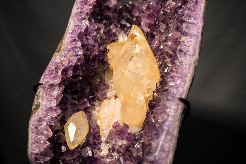 Scalenohedral Gemmy Golden Calcite on Purple Amethyst – 8 - Inch Large - E2D Crystals & Minerals