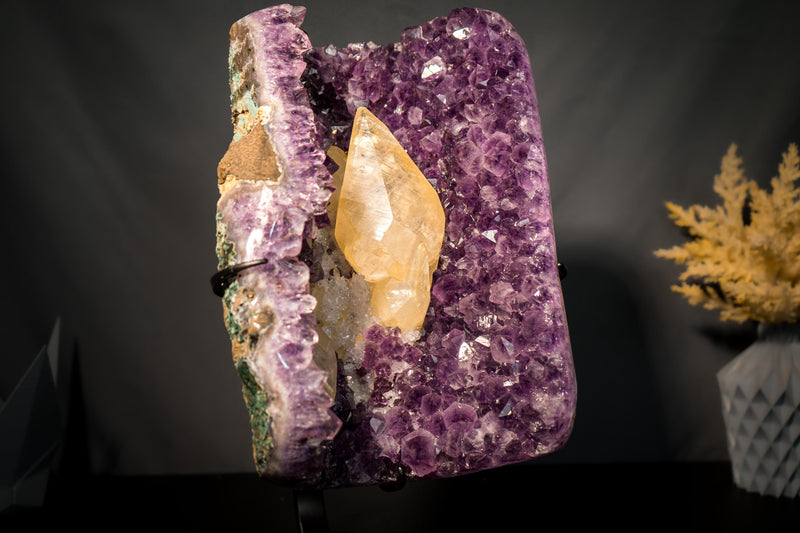 Scalenohedral Gemmy Golden Calcite on Purple Amethyst – 8 - Inch Large - E2D Crystals & Minerals