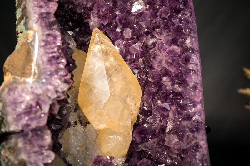 Scalenohedral Gemmy Golden Calcite on Purple Amethyst – 8 - Inch Large - E2D Crystals & Minerals