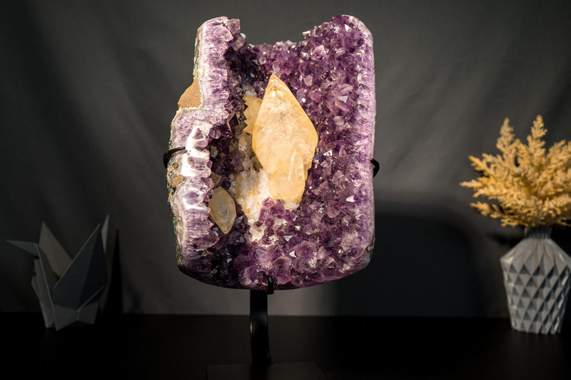 Scalenohedral Gemmy Golden Calcite on Purple Amethyst – 8 - Inch Large - E2D Crystals & Minerals