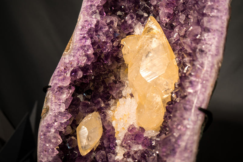 Scalenohedral Gemmy Golden Calcite on Purple Amethyst – 8 - Inch Large - E2D Crystals & Minerals