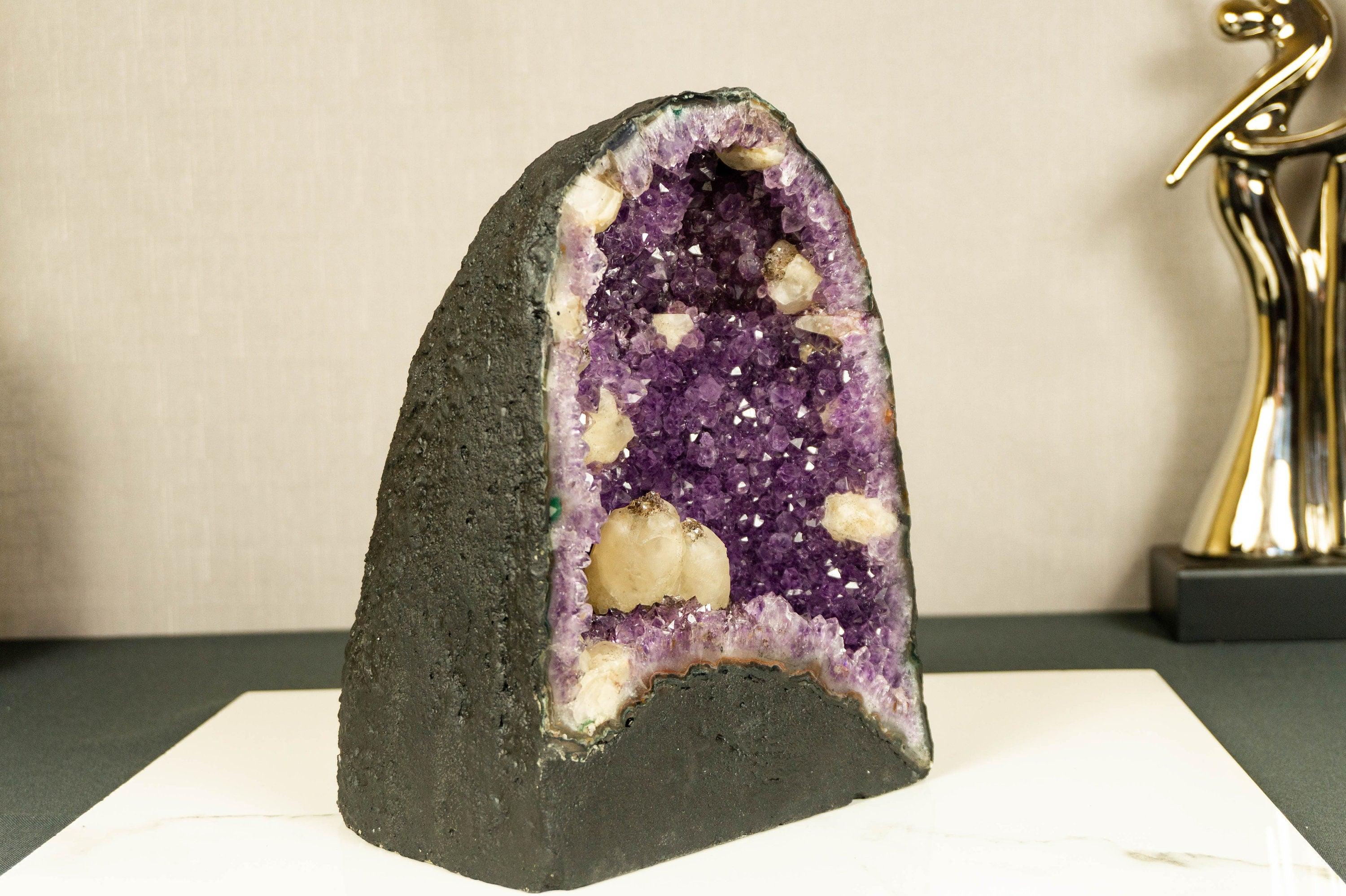 Amethyst Geode with Calcite Unopened Natural Mineral Specimen # B