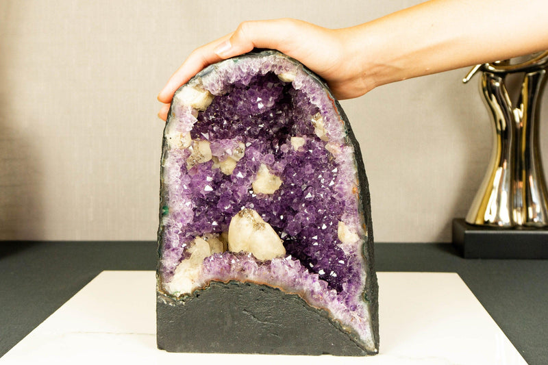 Small Purple Amethyst Cathedral Geode with Stalactite Flowers and Calcite i_did