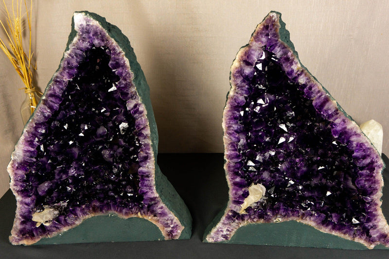 Pair of Aaa Amethyst Cathedral Geodes with Golden Goetite collective