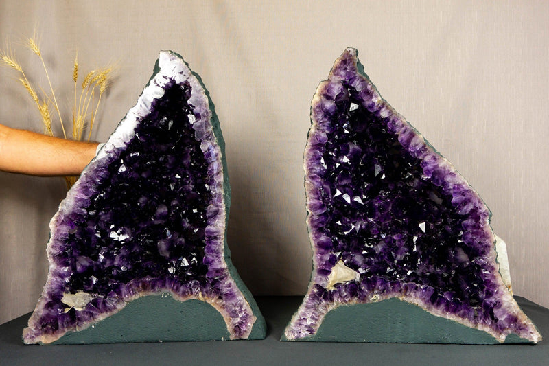 Pair of Aaa Amethyst Cathedral Geodes with Golden Goetite collective