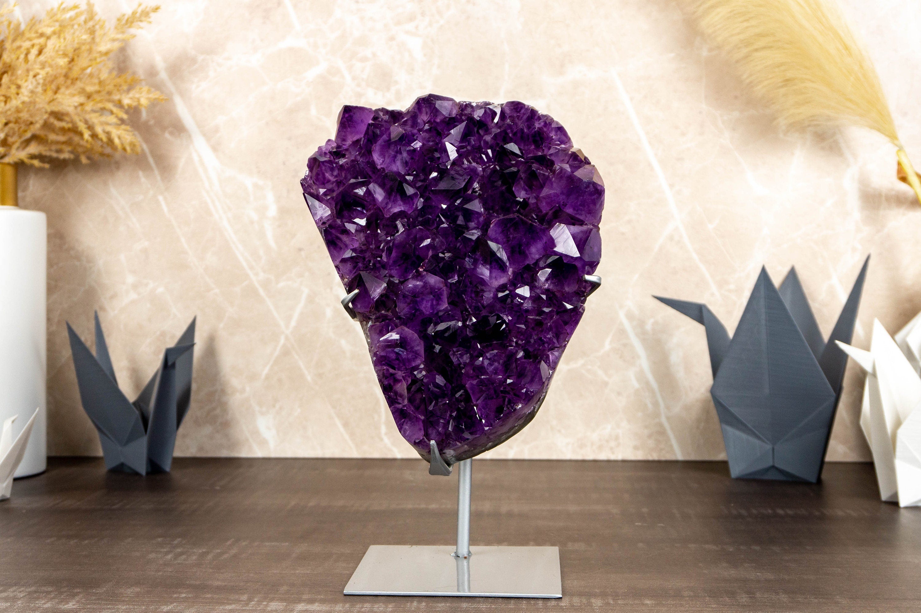 Large black high quality amethyst cluster on stand