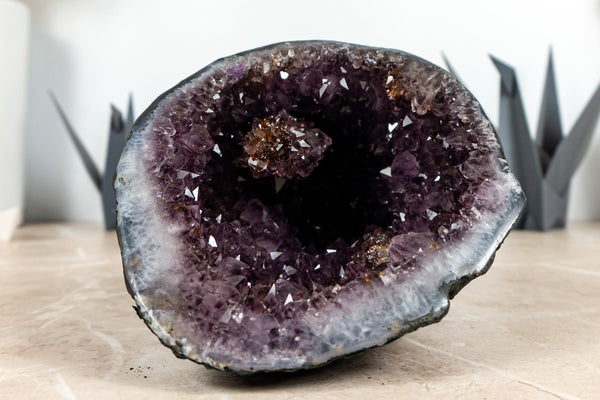 Small Amethyst Geode Cave with Golden Goethite Rosette Flower